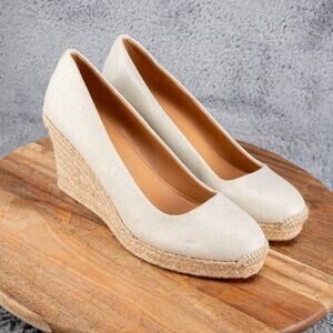 J Crew Seville Espadrille Wedge Platform Metallic Canvas Cream Taupe Gray Gold 9